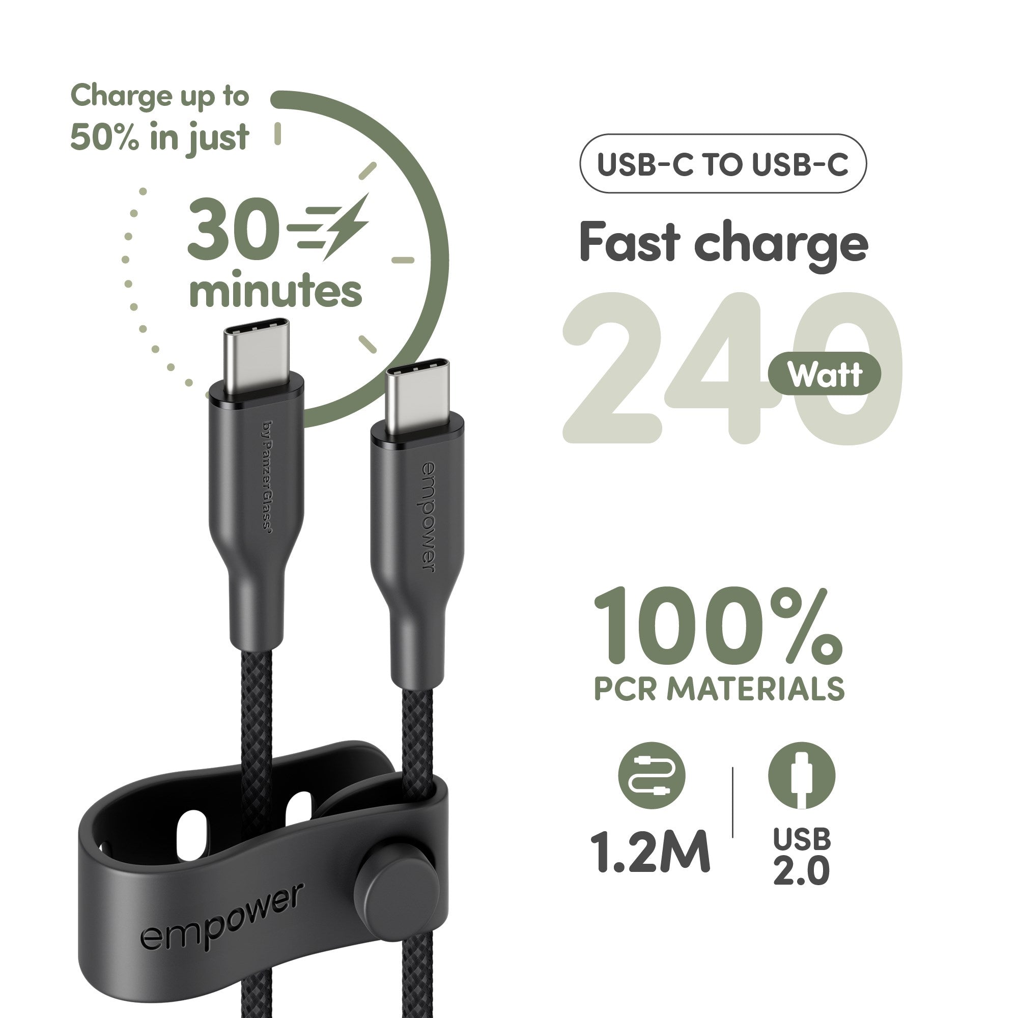 empower by PanzerGlass® Racing 240W USB-C to USB-C Kabel | USB 2.0 | 1.2M | Weltall Schwarz